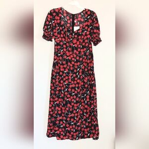 Elegant Black Midi Dress with Red Cherry Print